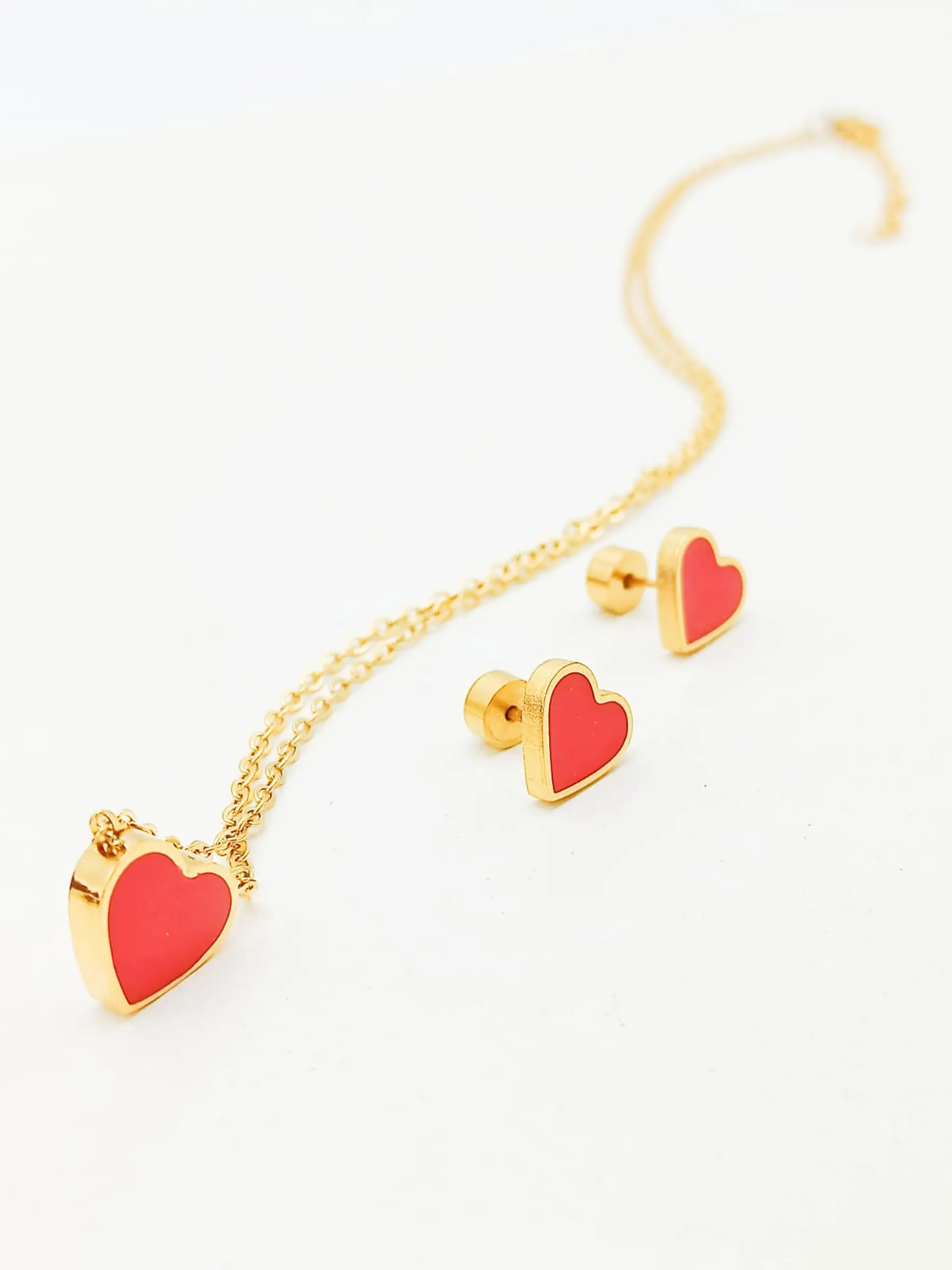 Set Conjunto Corazon Rojo Collar Abridores Chapado En Oro 18 kl 5