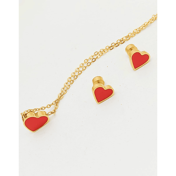 Set Conjunto Corazon Rojo Collar Abridores Chapado En Oro 18 kl 8