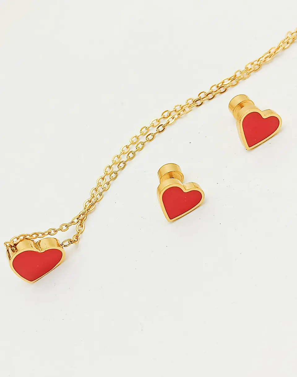 Set Conjunto Corazon Rojo Collar Abridores Chapado En Oro 18 kl 8