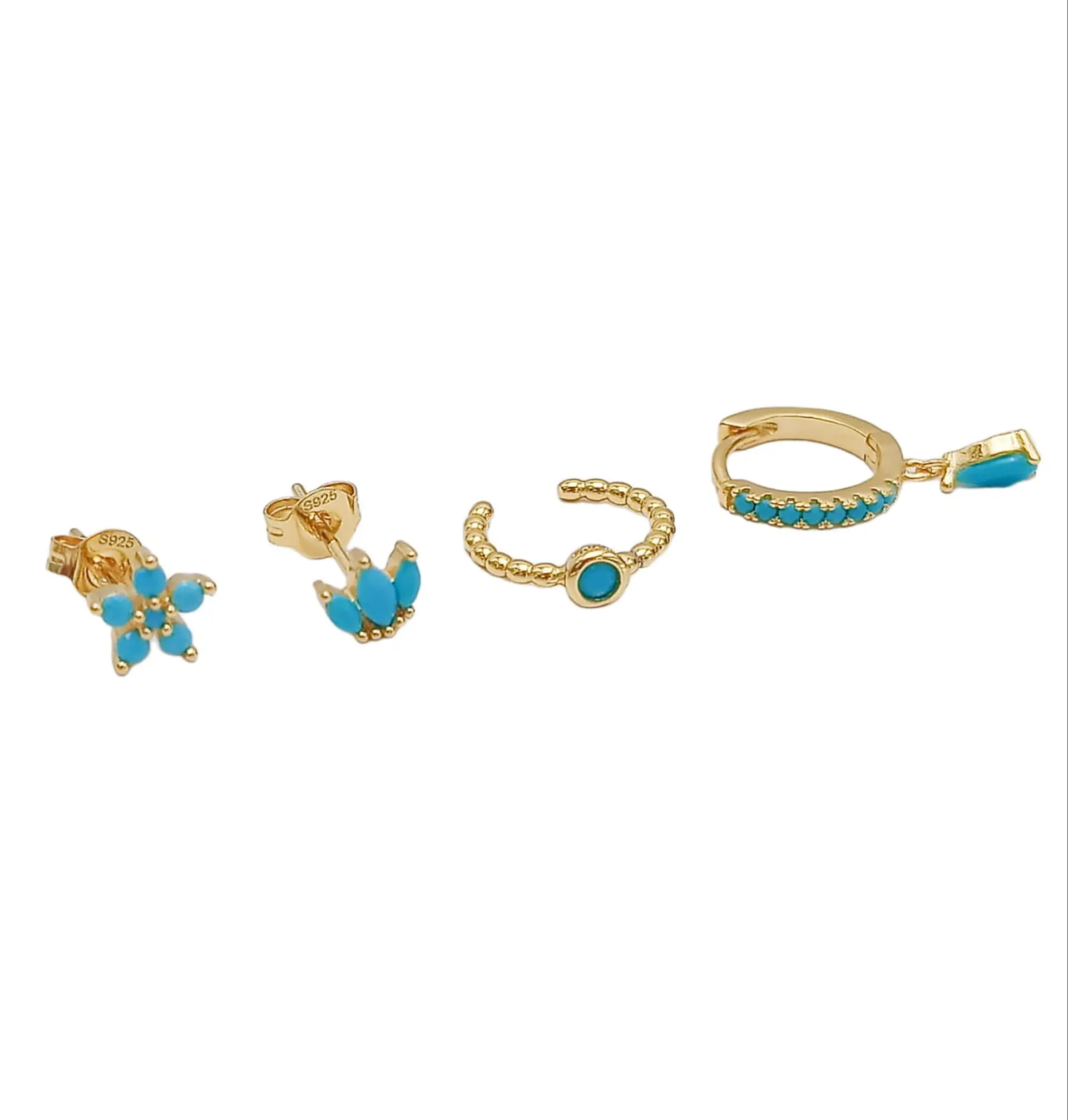 Set Conjunto huggies pendientes Turquesa chapados En Oro 18k 4