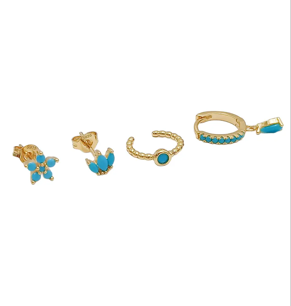 Set Conjunto huggies pendientes Turquesa chapados En Oro 18k 4