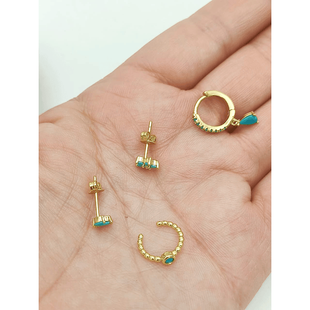 Set Conjunto huggies pendientes Turquesa chapados En Oro 18k 3