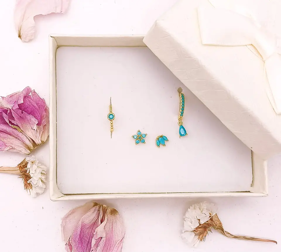 Set Conjunto huggies pendientes Turquesa chapados En Oro 18k 5