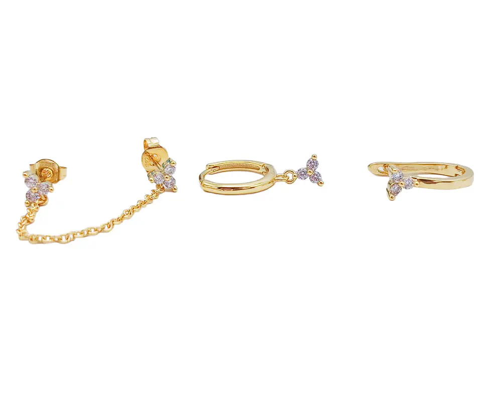 Set Conjunto Huggies pendientes Flor trímera chapados En Oro 18k 4