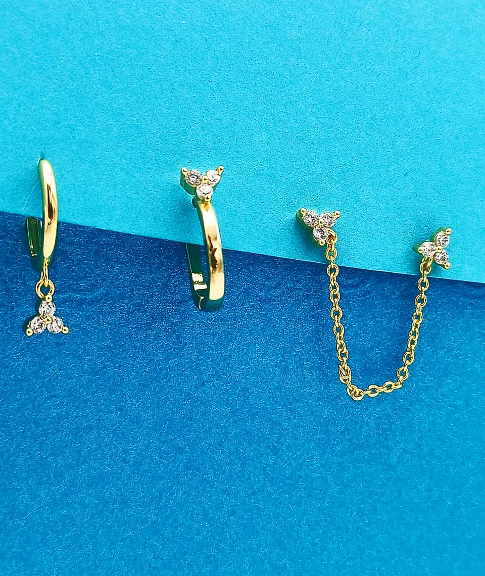 Set Conjunto Huggies pendientes Flor trímera chapados En Oro 18k 5