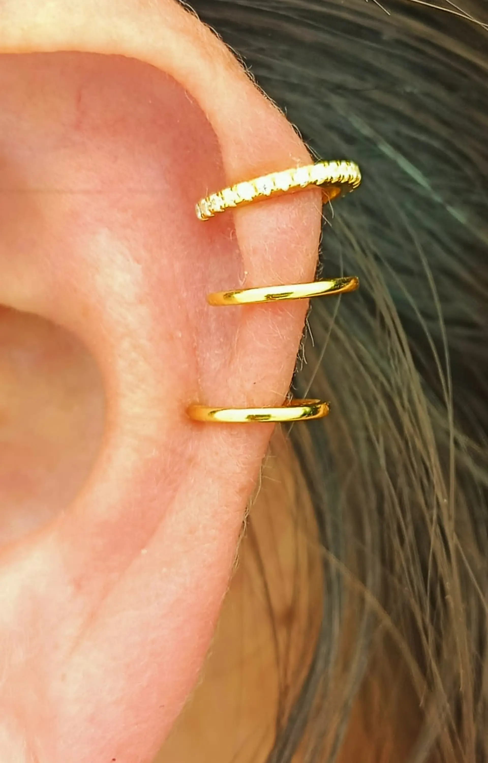 Aro Earcuff Triple Sin Perforación Plata 925 Chapado En Oro 6