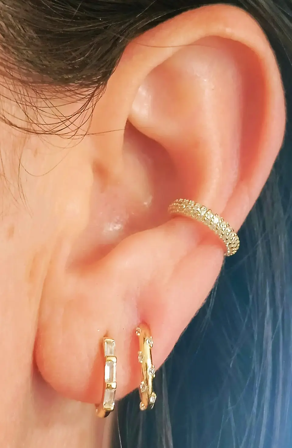 Pack 2 Aros Argolla + 1 Earcuff Plata fina ley S925 Chapado Oro 18kl 2