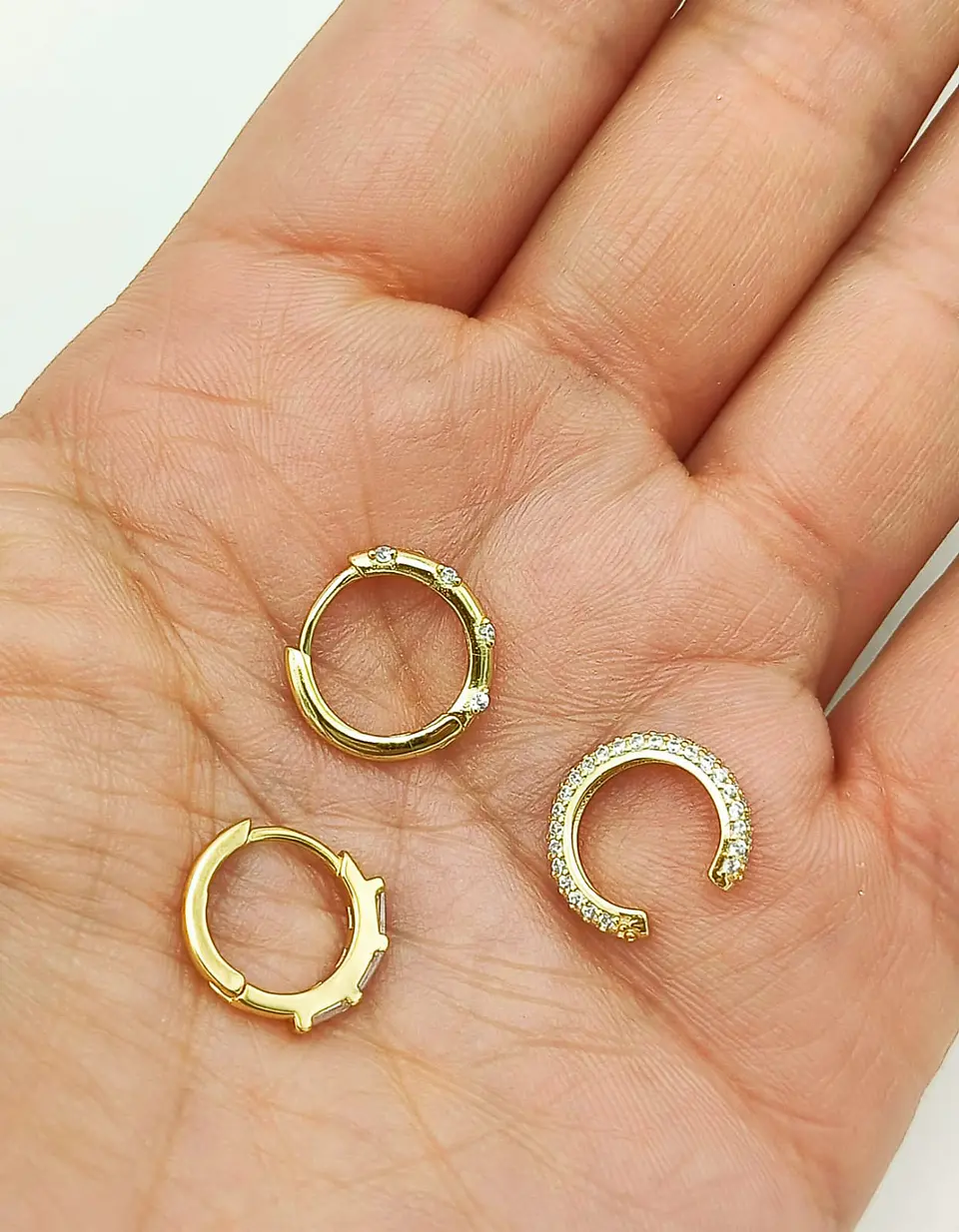 Pack 2 Aros Argolla + 1 Earcuff Plata fina ley S925 Chapado Oro 18kl 3