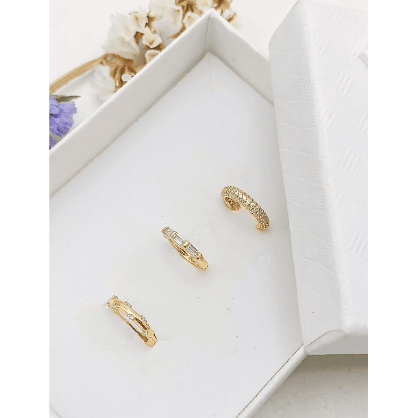 Pack 2 Aros Argolla + 1 Earcuff Plata fina ley S925 Chapado Oro 18kl 4