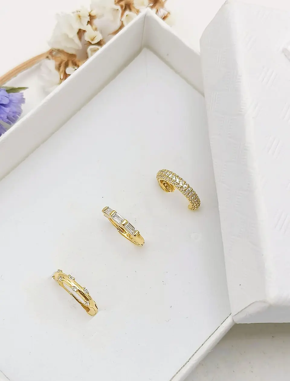 Pack 2 Aros Argolla + 1 Earcuff Plata fina ley S925 Chapado Oro 18kl 4