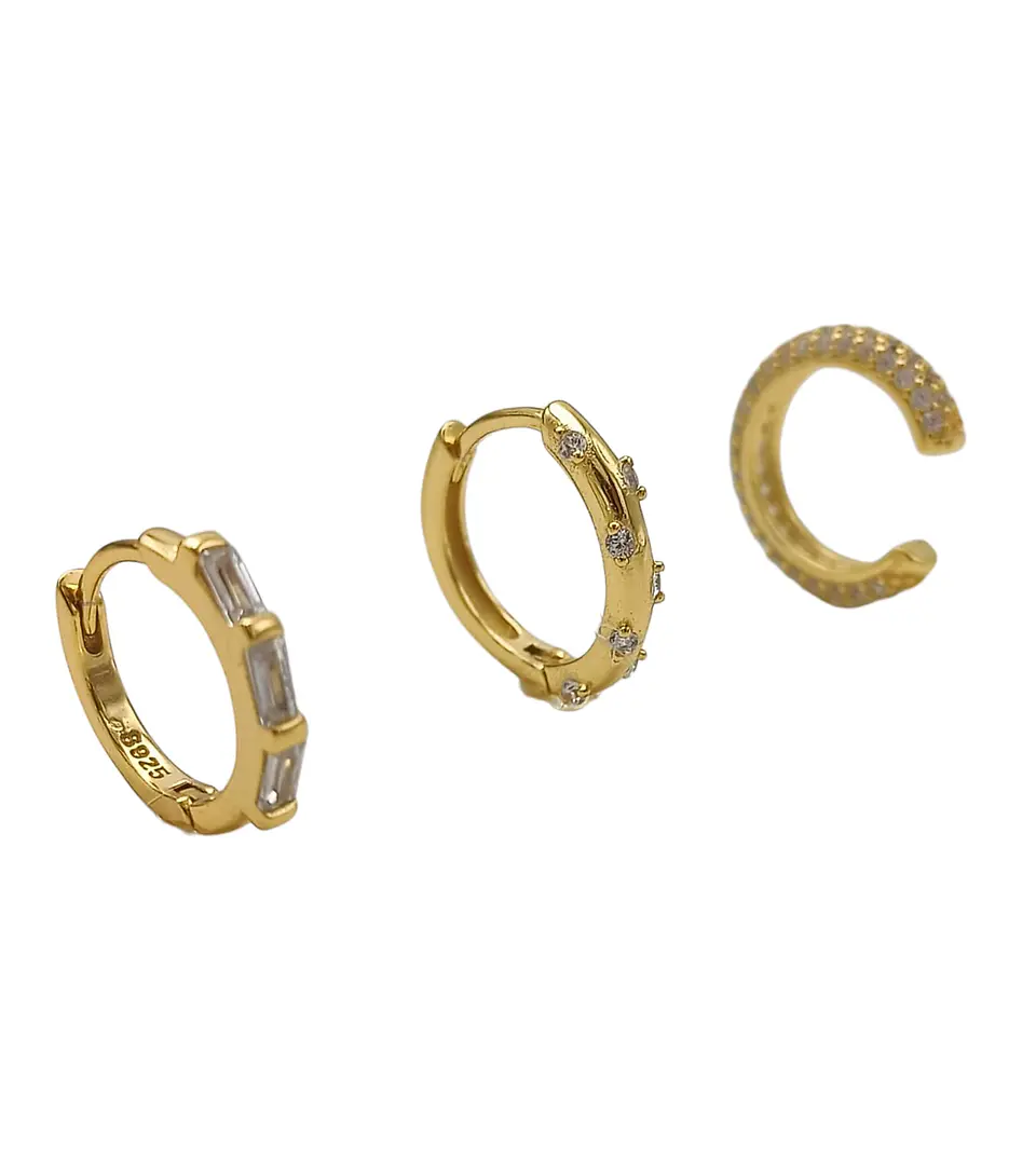 Pack 2 Aros Argolla + 1 Earcuff Plata fina ley S925 Chapado Oro 18kl 1