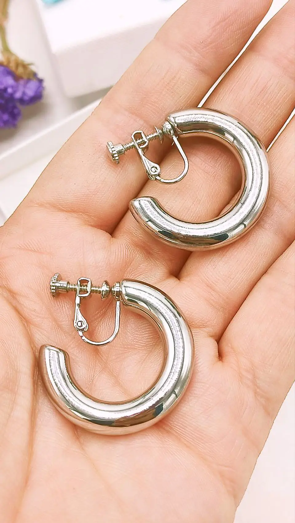 Aros Sin Perforacion Argollas skinny Chunky Plateadas 5