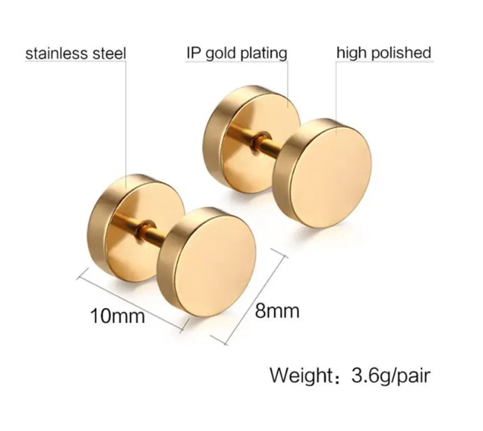 Aros Redondos 8mm Barbell Moda Punk Rock Chapados En Oro 18k 5