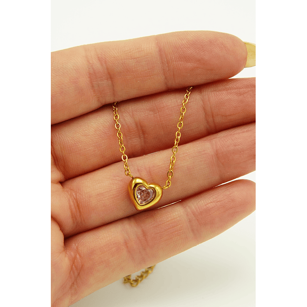 Colgante Corazón Zirconio Rosa Chapado En Oro 18k 6