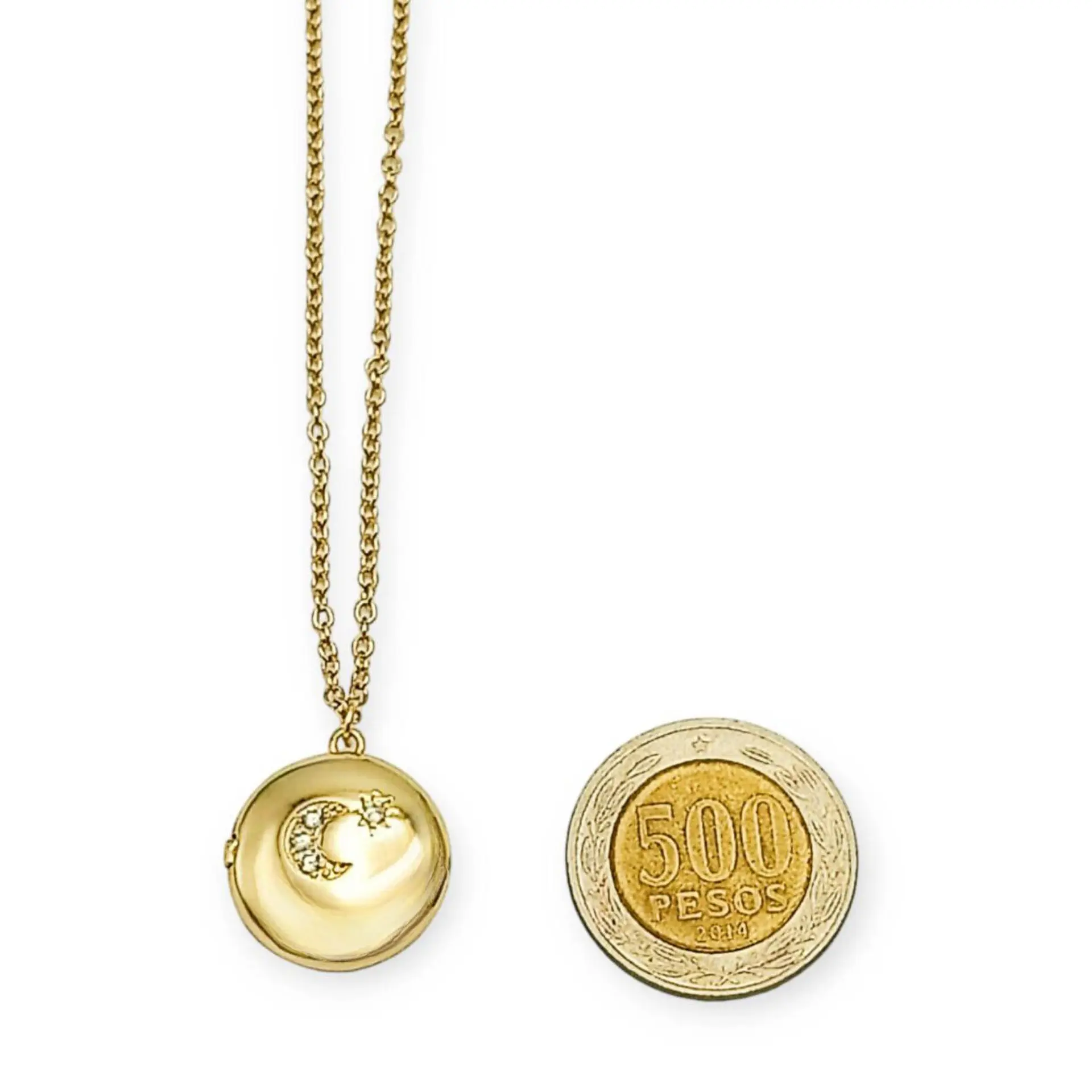 Colgante Relicario Redondo Luna Estrella Chapado En Oro 18k 9