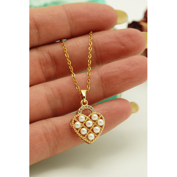 Colgante Corazón Chico Amor Perlas Zirconias Chapado Oro 18k 12