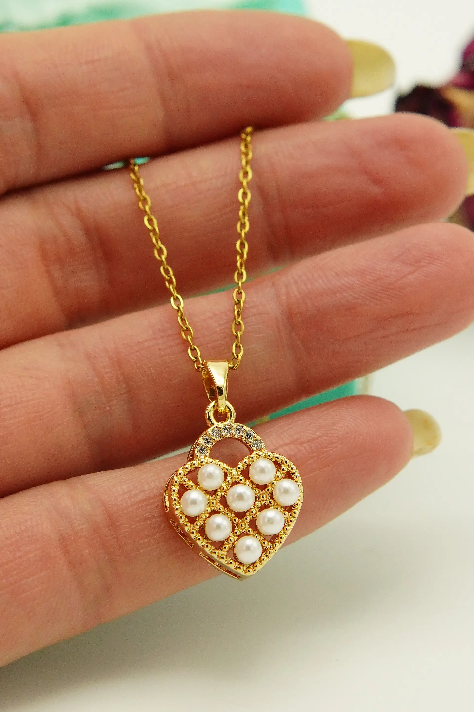 Colgante Corazón Chico Amor Perlas Zirconias Chapado Oro 18k 12