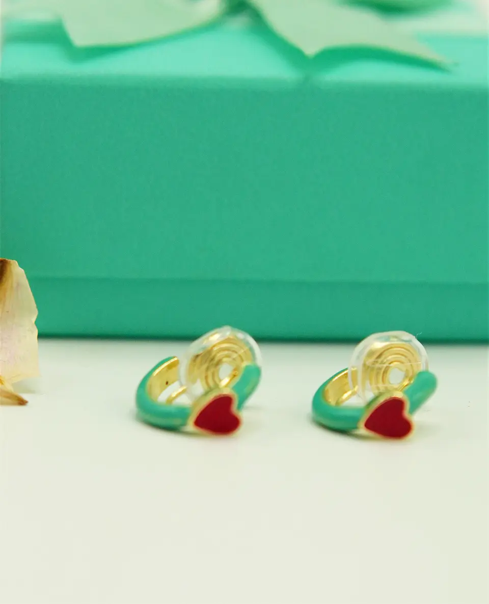 Aros Argollas Julieta Turquesa Corazon Rojo Earcuff Sin Perforacion 5