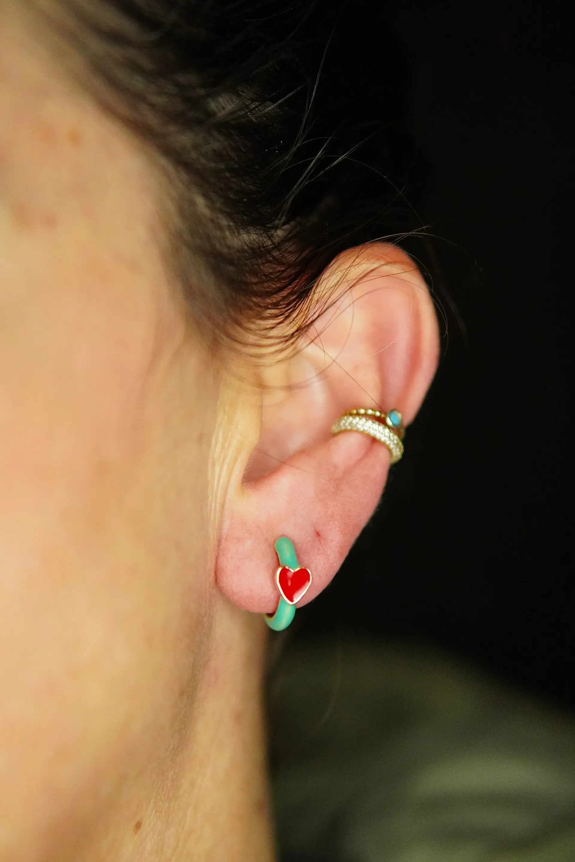 Aros Argollas Julieta Turquesa Corazon Rojo Earcuff Sin Perforacion 10