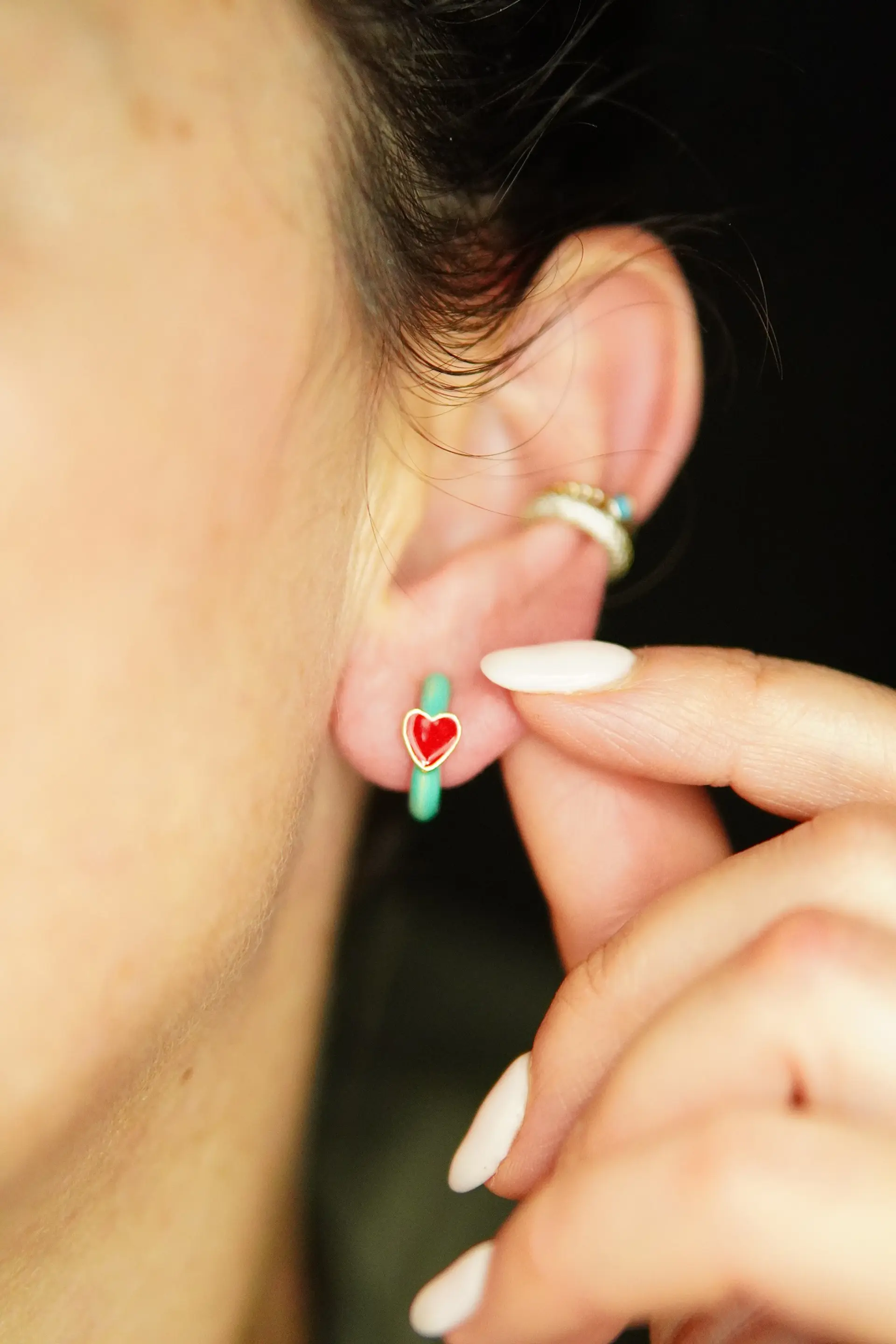 Aros Argollas Julieta Turquesa Corazon Rojo Earcuff Sin Perforacion 3