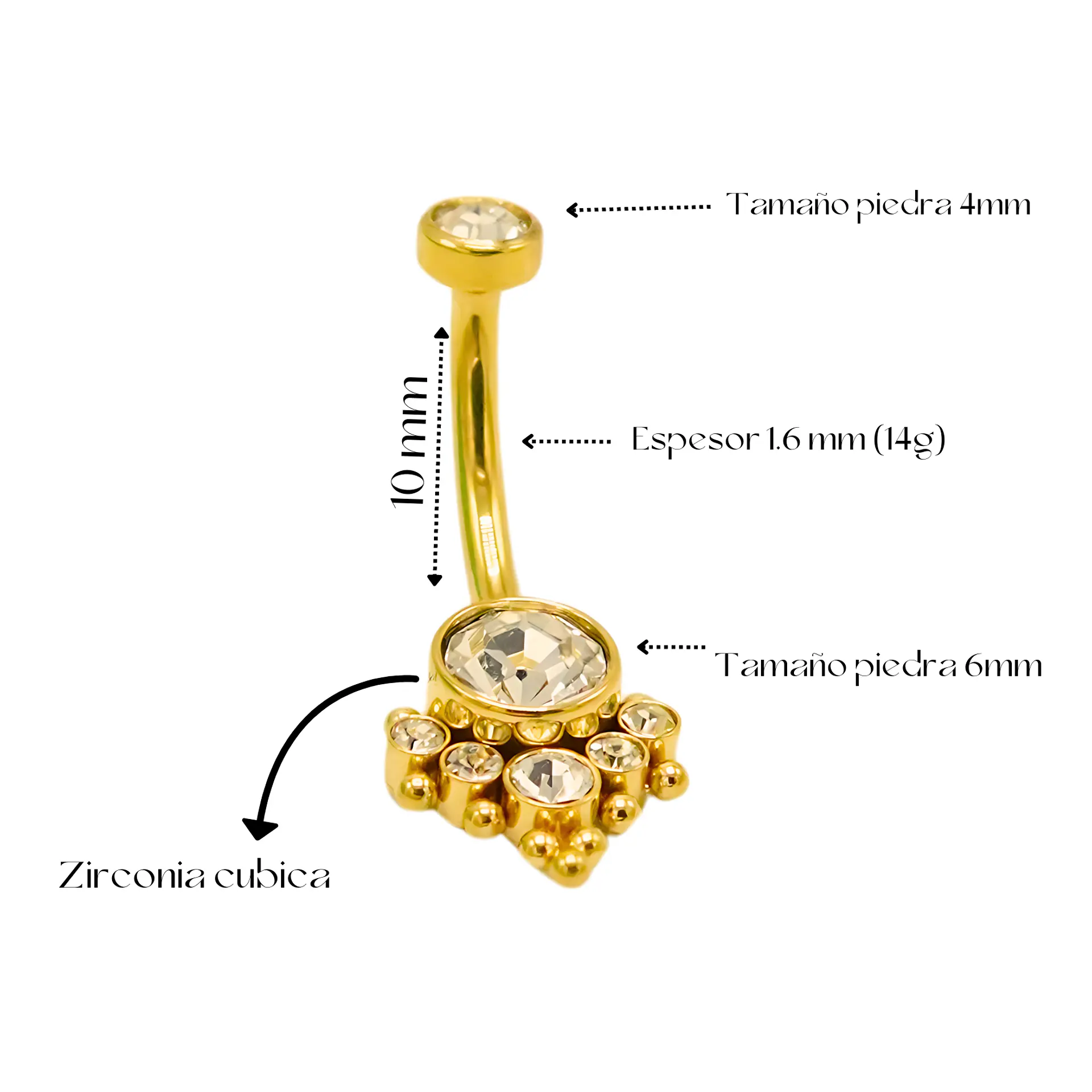 Piercing ombligo navel 10 mm titanio ASTM F136 Zirconia dorado 14G 3