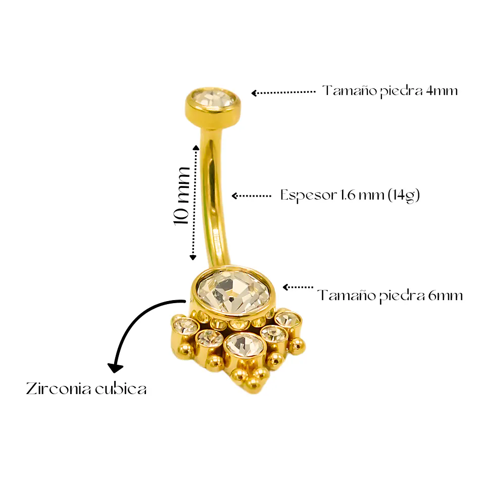 Piercing ombligo navel 10 mm titanio ASTM F136 Zirconia dorado 14G 3