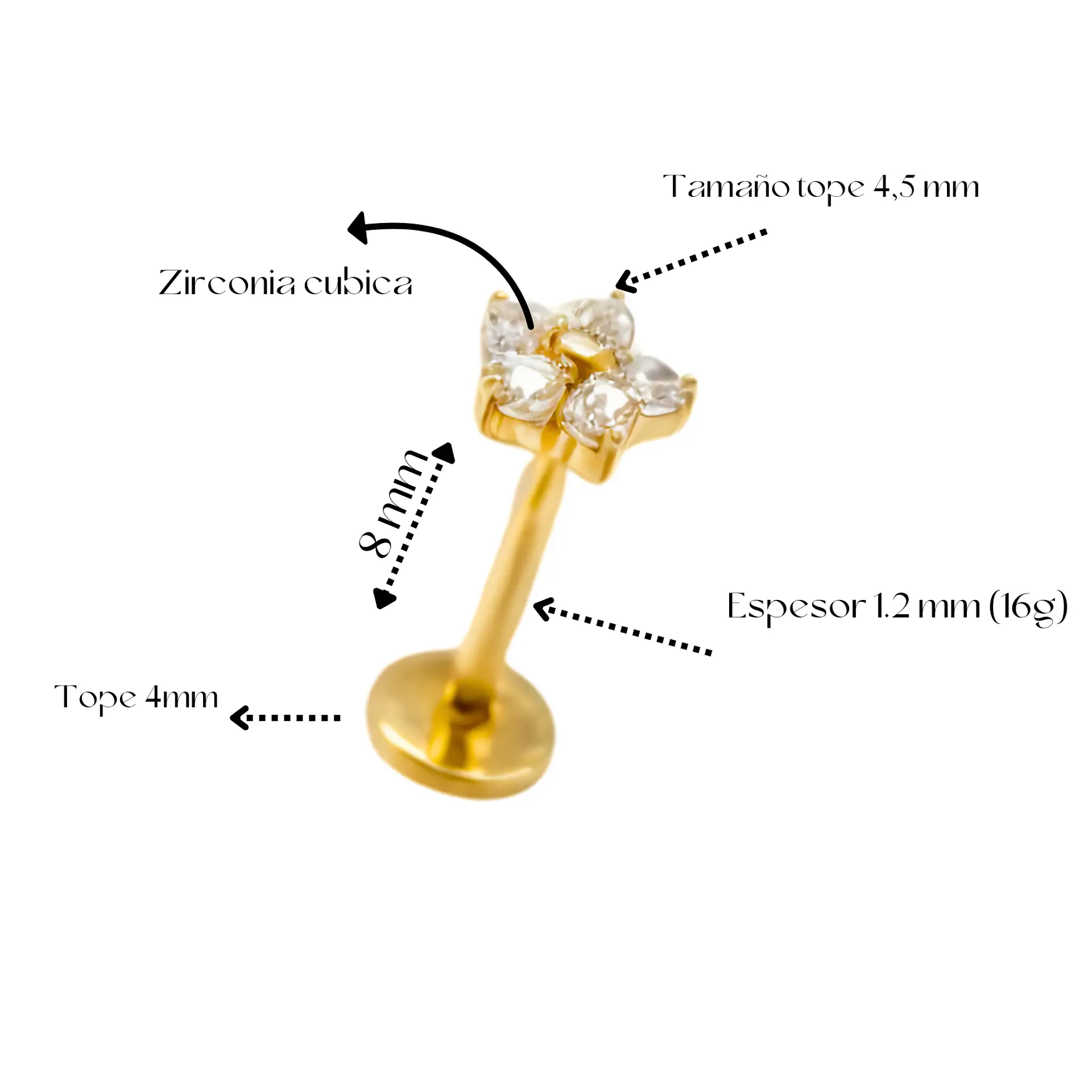Piercing labret punto de luz flor titanio ASTM F136 Dorado 3