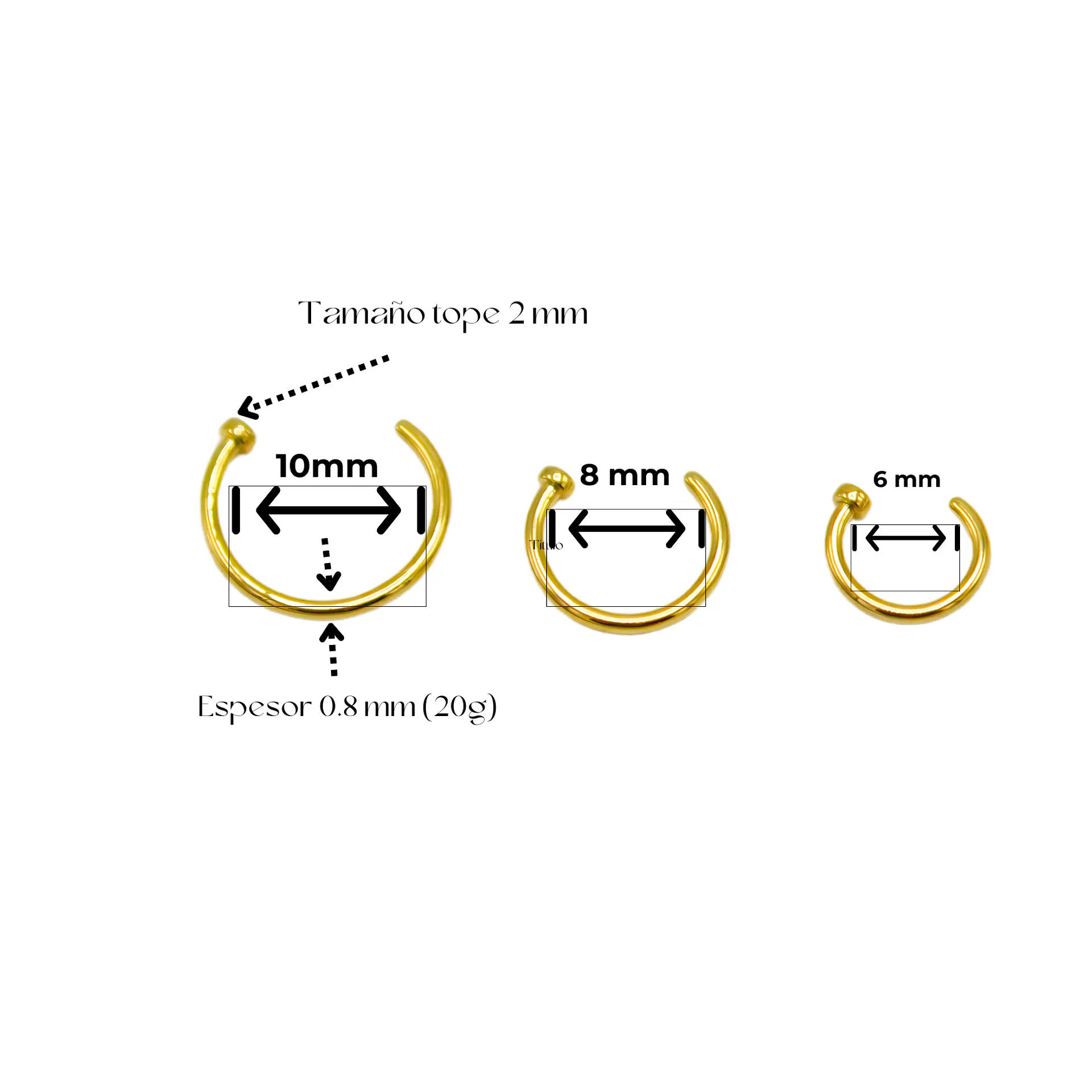 Pack de tres aros piercing abierto nostril titanio ASTM F136 dorados 5