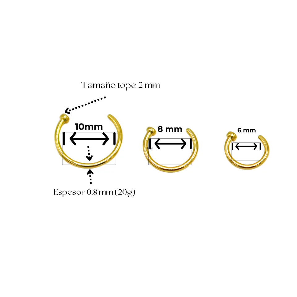 Pack de tres aros piercing abierto nostril titanio ASTM F136 dorados 5