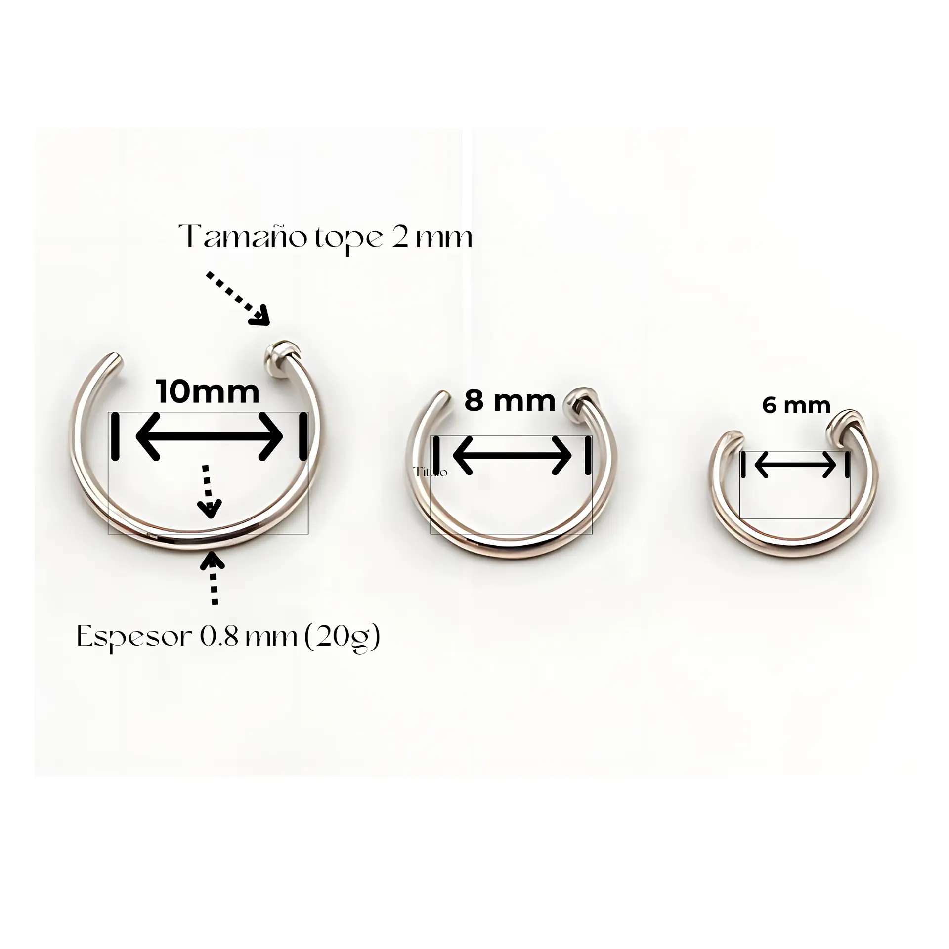 Pack de tres aros piercing abierto nostril titanio ASTM F136 plateados 3