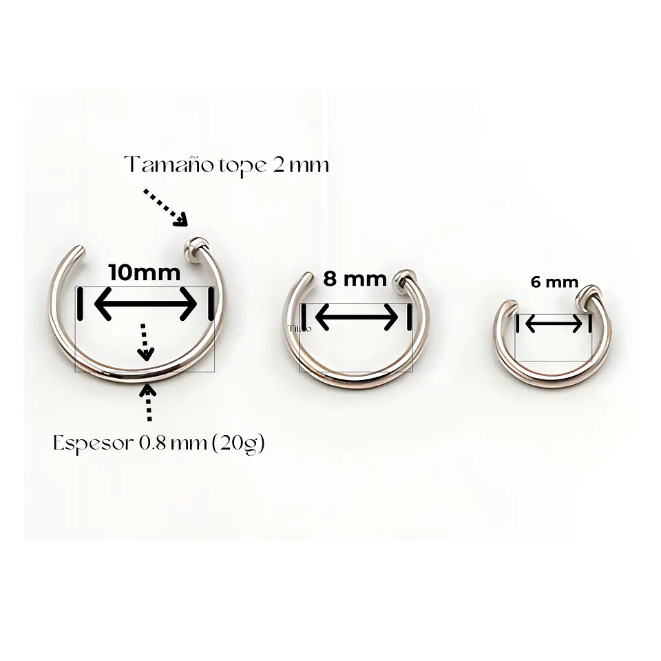 Pack de tres aros piercing abierto nostril titanio ASTM F136 plateados 3