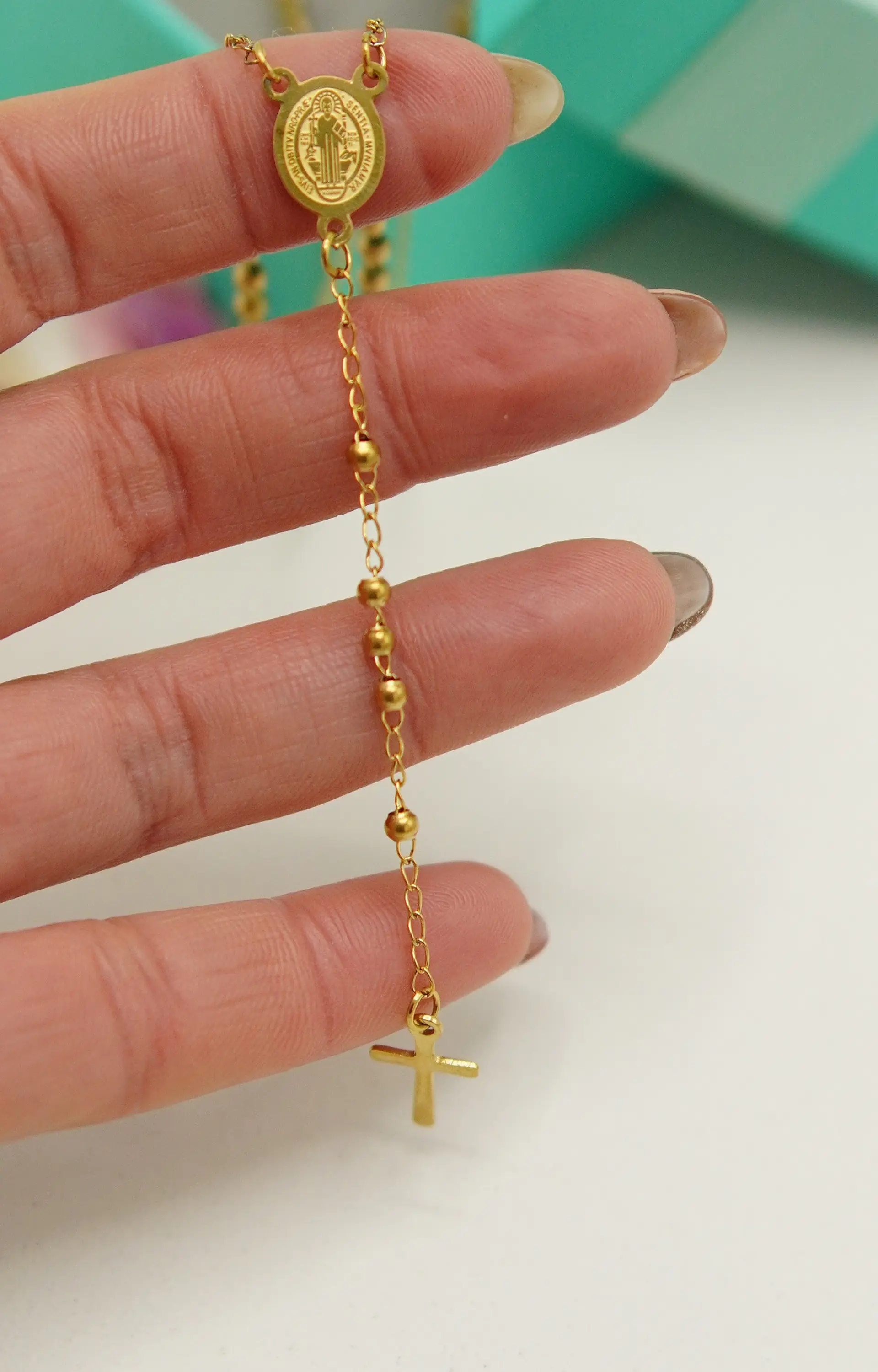 Colgante Rosario San Benito Cruz Camandula Chapado En Oro 18 8