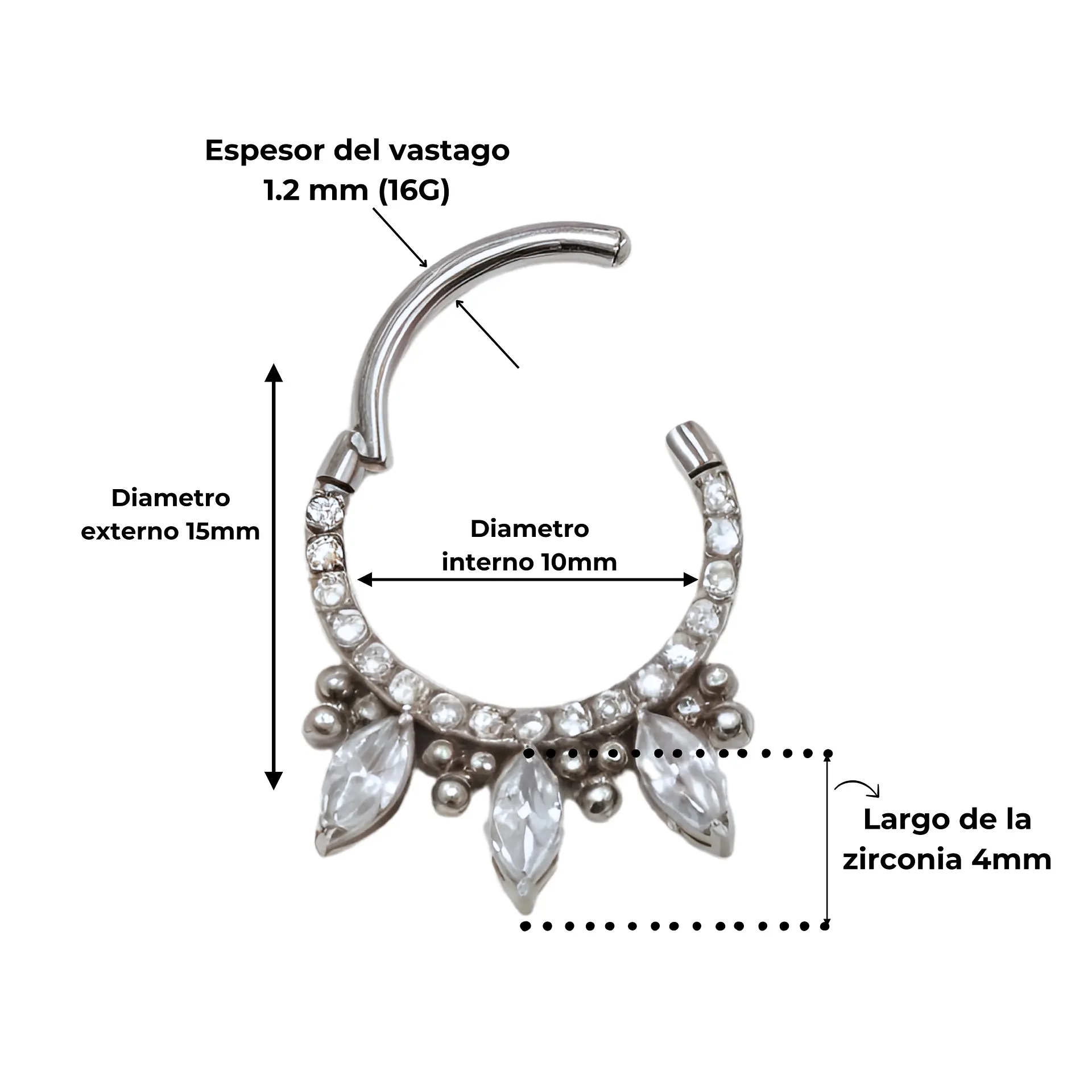 Piercing septum clicker 10mm 16g puntas zirconia titanio astm F136 4