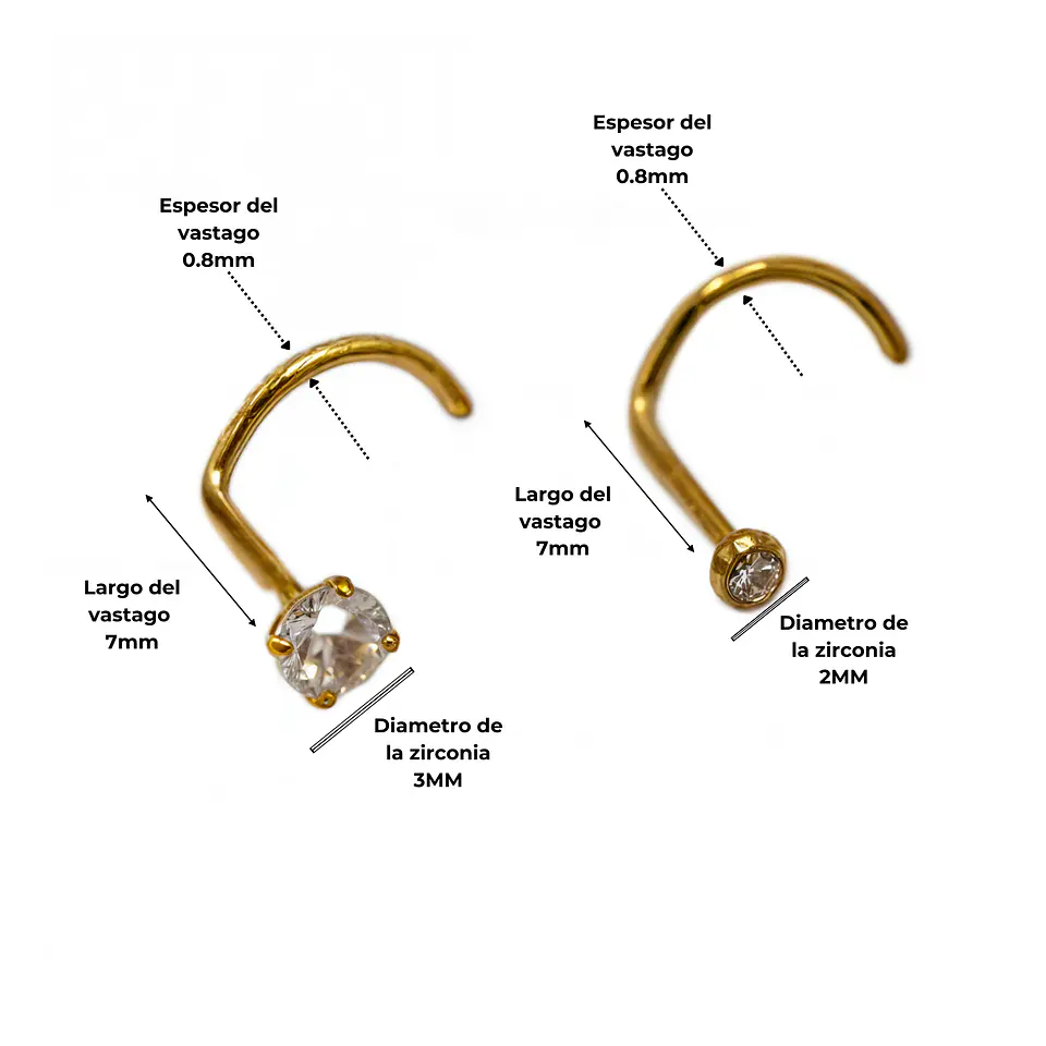 Pack de 2 piercing tipo S nostril titanio ASTM F136 chapado en oro 18k 4