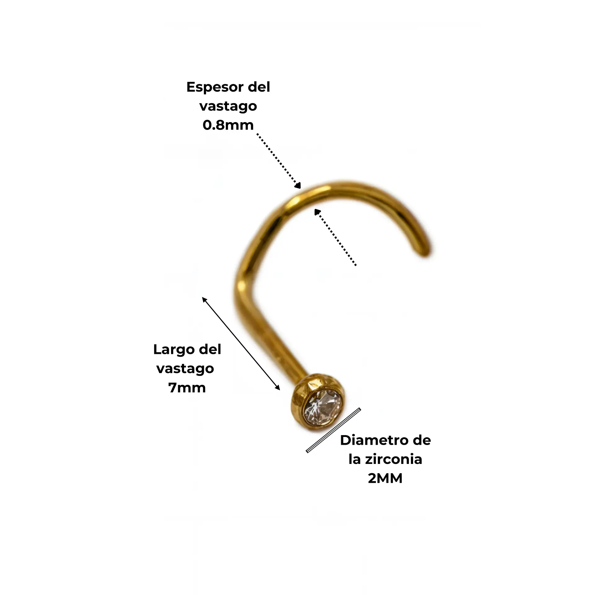 Piercing Nariz Nostril Tipo S Titanio ASTM F136 20G · Zirconia 2mm · Chapado en Oro 18k 7