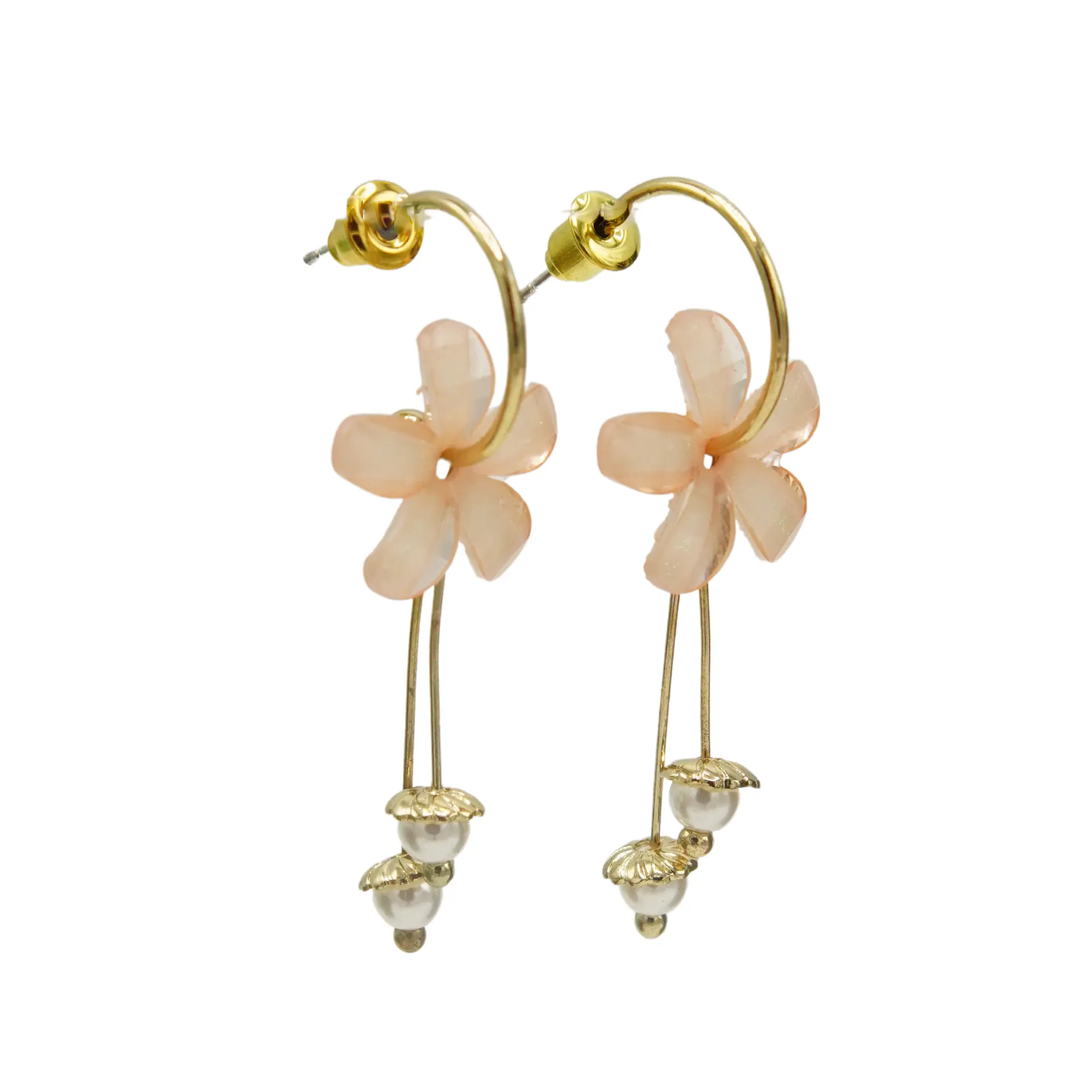 Aros estilo coreano flor rosada cristal dorado baño de oro 1