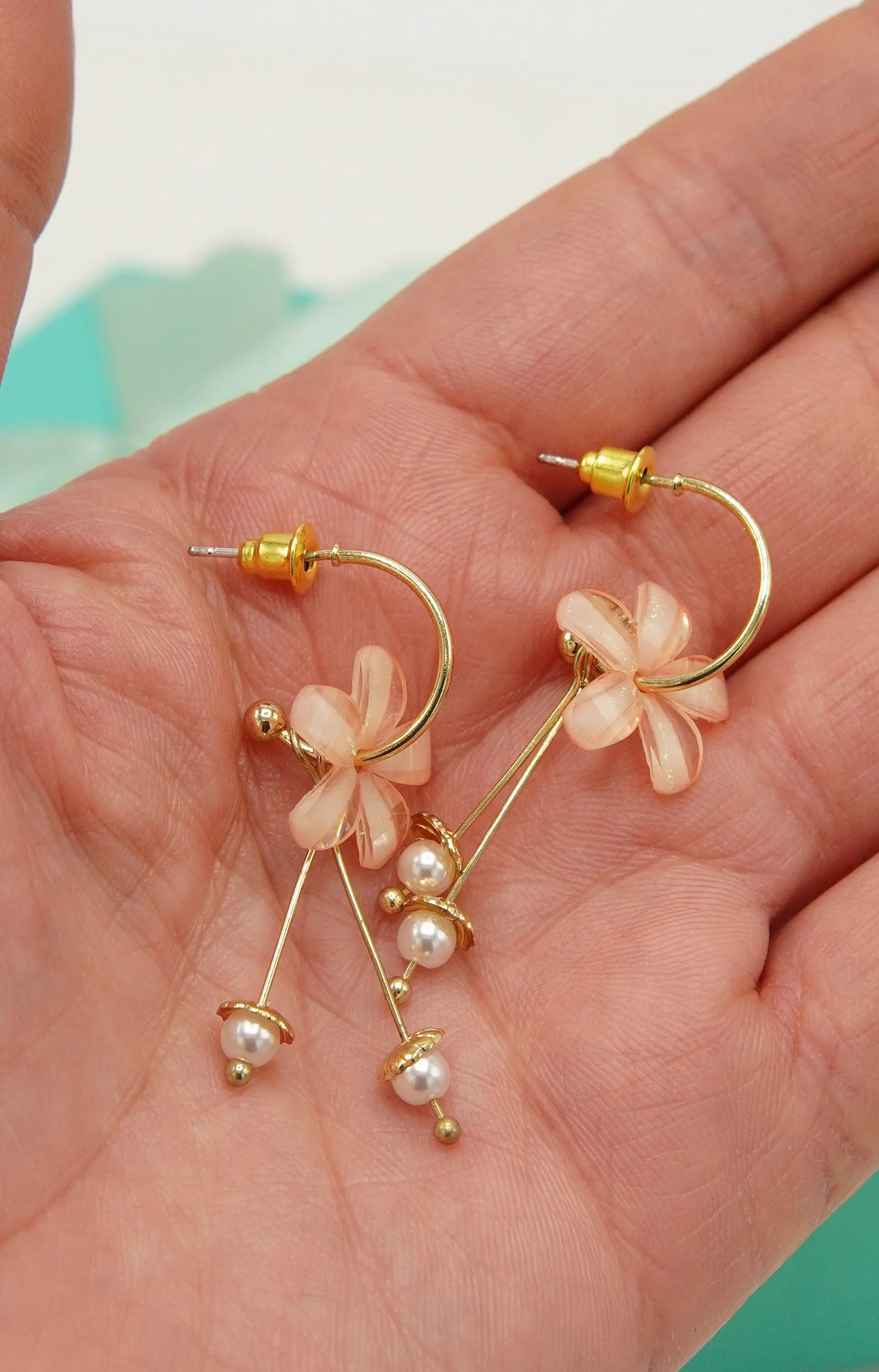 Aros estilo coreano flor rosada cristal dorado baño de oro 6