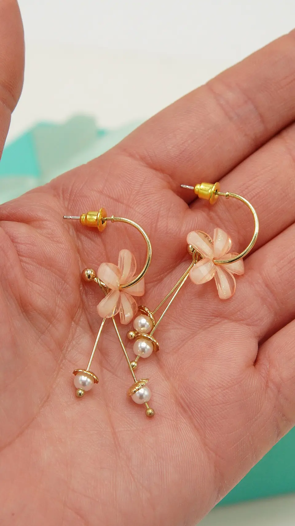 Aros estilo coreano flor rosada cristal dorado baño de oro 6