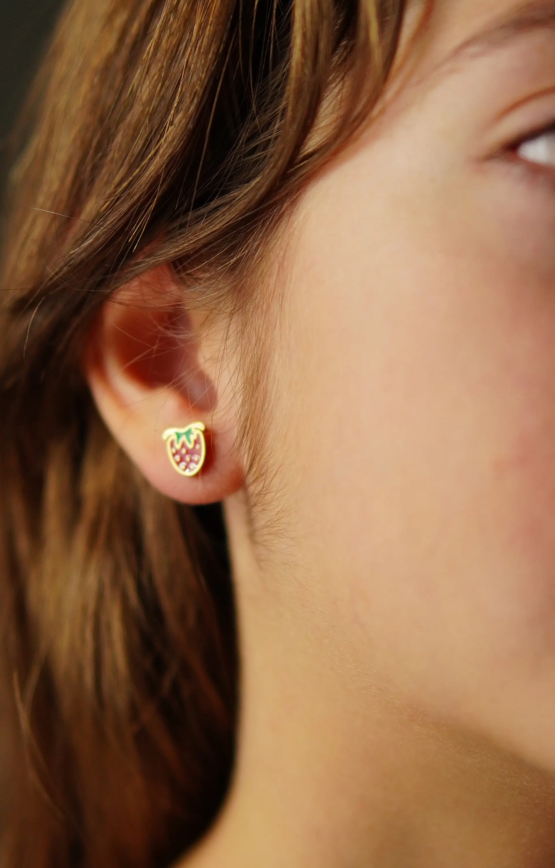 Aros de seguridad frutilla veraniega niña fresa chapada en oro 18K 3