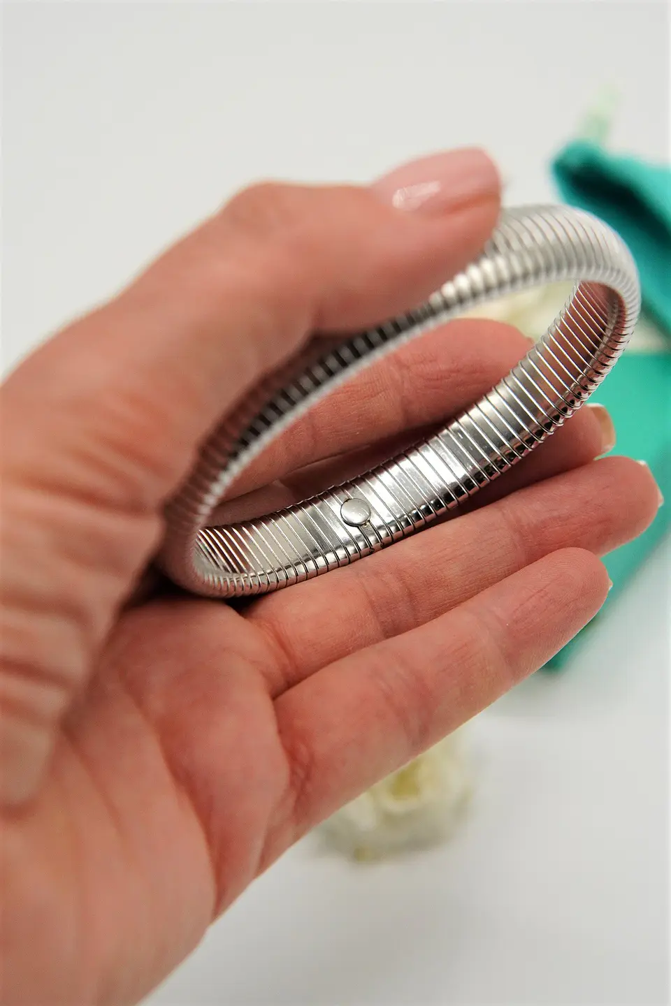 Pulsera elastica tejido de serpiente hipoalergenica plateada acero pulido 7