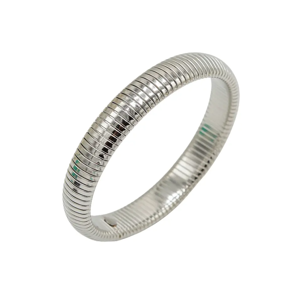 Pulsera elastica tejido de serpiente hipoalergenica plateada acero pulido 1