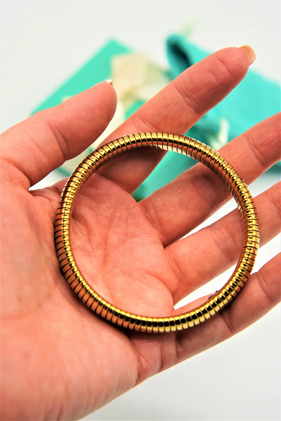Pulsera elastica hipoalergenica tejido de serpiente chapada en oro 18k 7