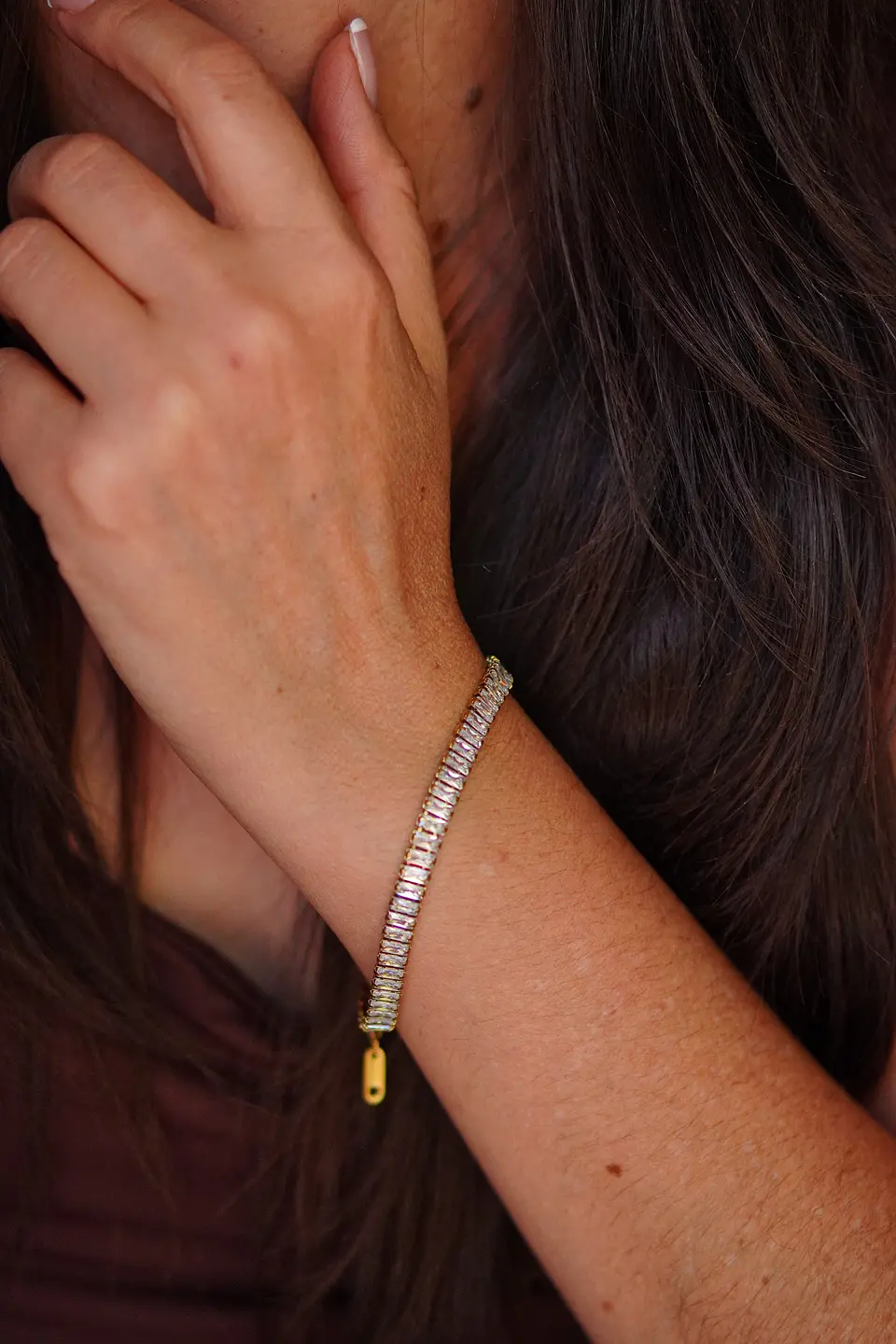 Pulsera tennis zirconias rectangulares chapada en oro 18k 2