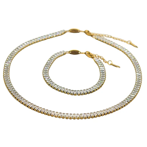 Conjunto de collar y pulsera tennis chapada en oro 18k