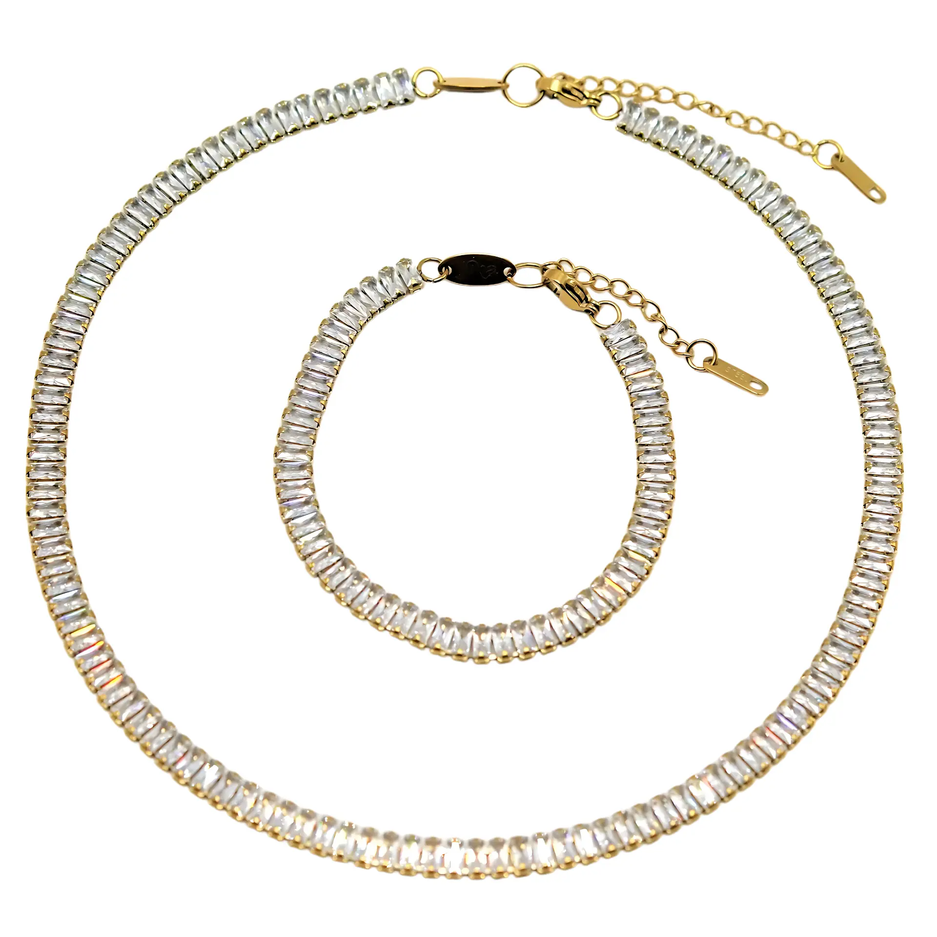 Conjunto de collar y pulsera tennis chapada en oro 18k 9