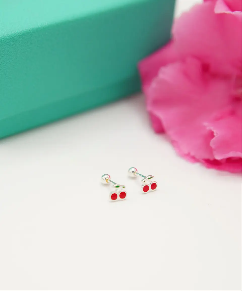 Aros cerezas tapa de seguridad piercing plata fina 925  2