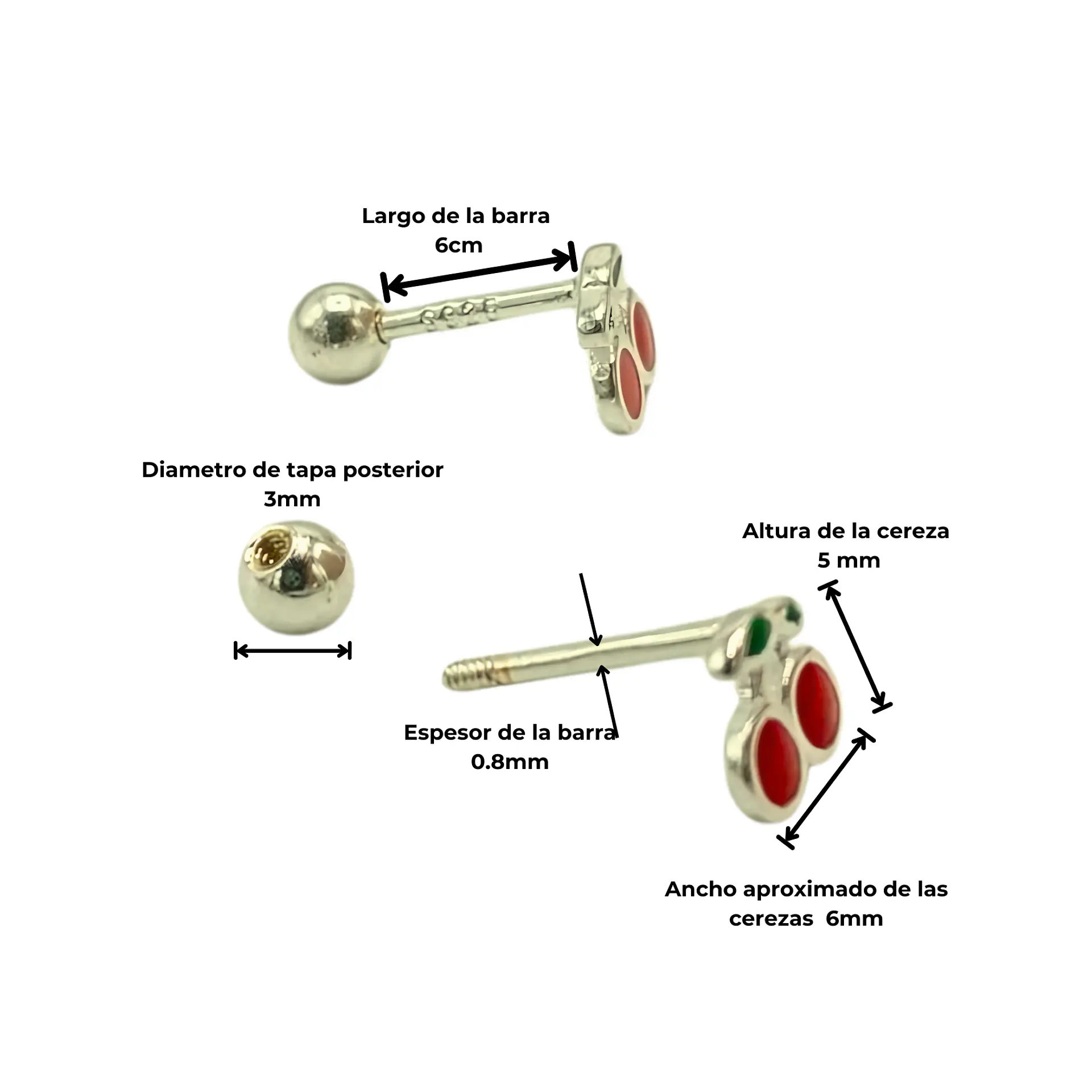 Aros cerezas tapa de seguridad piercing plata fina 925  4