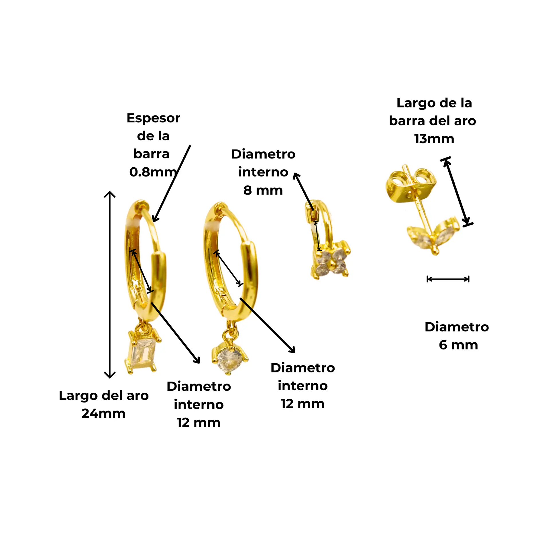 Pack de 4 aros argollas punto de luz bañadas en oro 18k 4