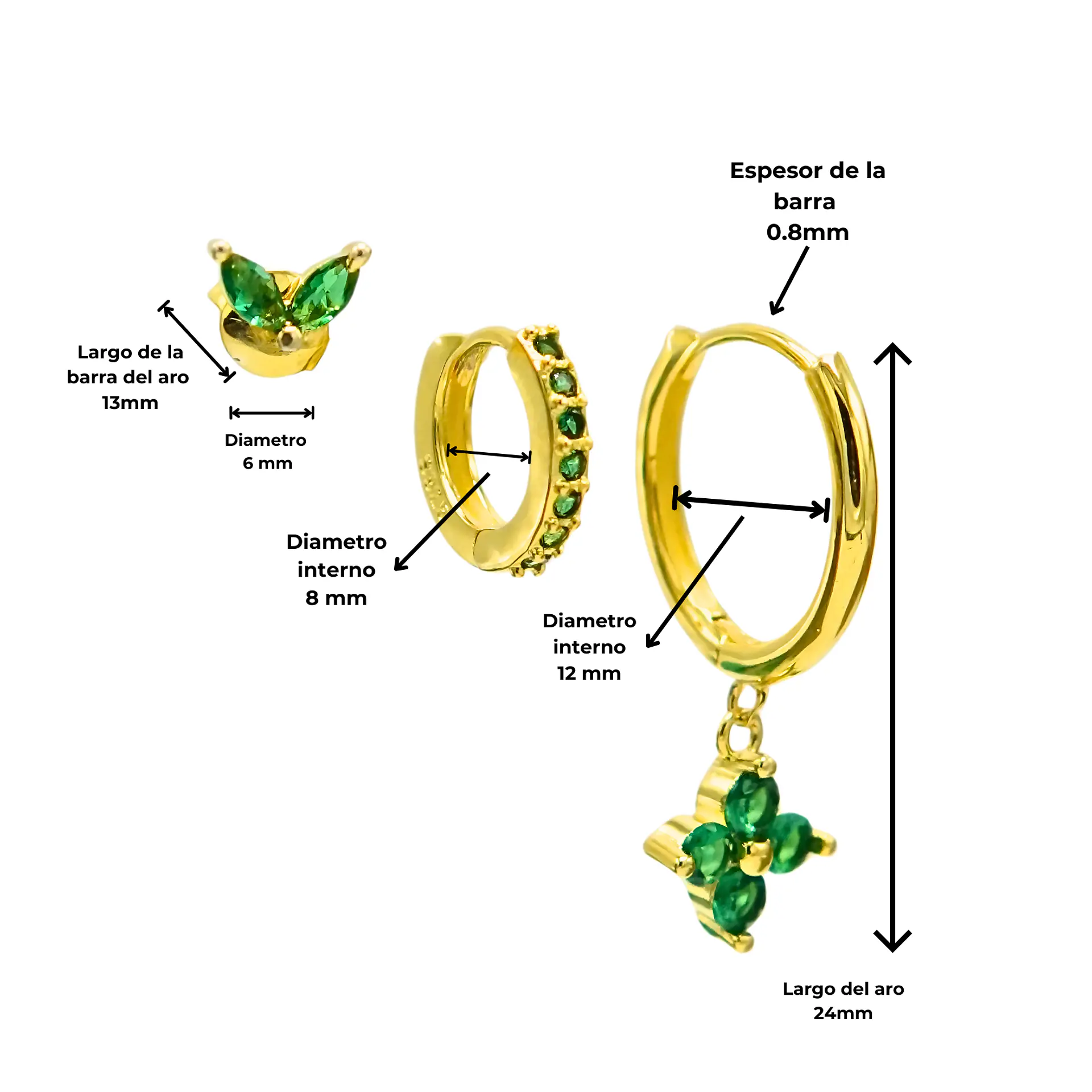 Pack de aros Antonia zirconia verde chapados en oro 18k  6