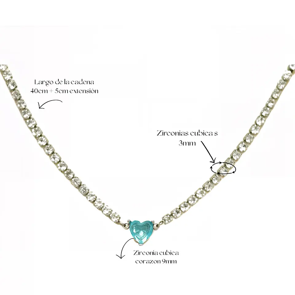 Collar tennis zirconias cubicas corazon azul hipoalergenico 4